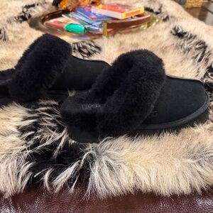 UGG Women's Classic Black Furry Slippers